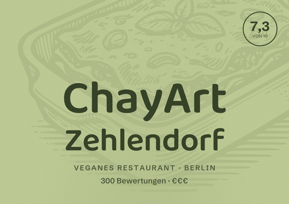 Illustriertes Poster von ChayArt Zehlendorf, Veganes Restaurant in Berlin: Bewertung 7,3 von 10 aus 300 Bewertungen, Preisniveau €€€