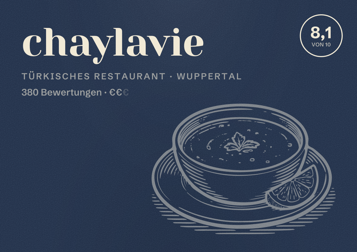 Illustriertes Poster von chaylavie, Türkisches Restaurant in Wuppertal: Bewertung 8,1 von 10 aus 380 Bewertungen, Preisniveau €€