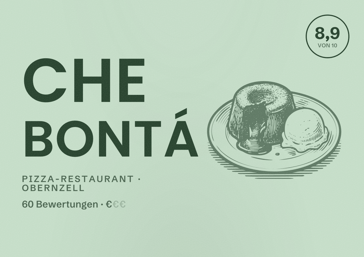 Illustriertes Poster von Che Bontá, Pizza-Restaurant in Obernzell: Bewertung 8,9 von 10 aus 60 Bewertungen, Preisniveau €
