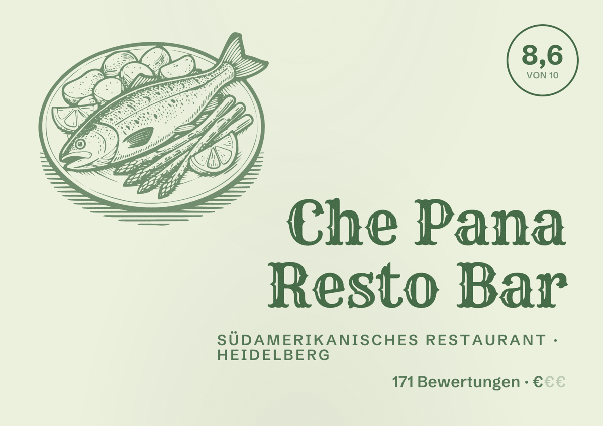 Illustriertes Poster von Che Pana Resto Bar, Südamerikanisches Restaurant in Heidelberg: Bewertung 8,6 von 10 aus 171 Bewertungen, Preisniveau €