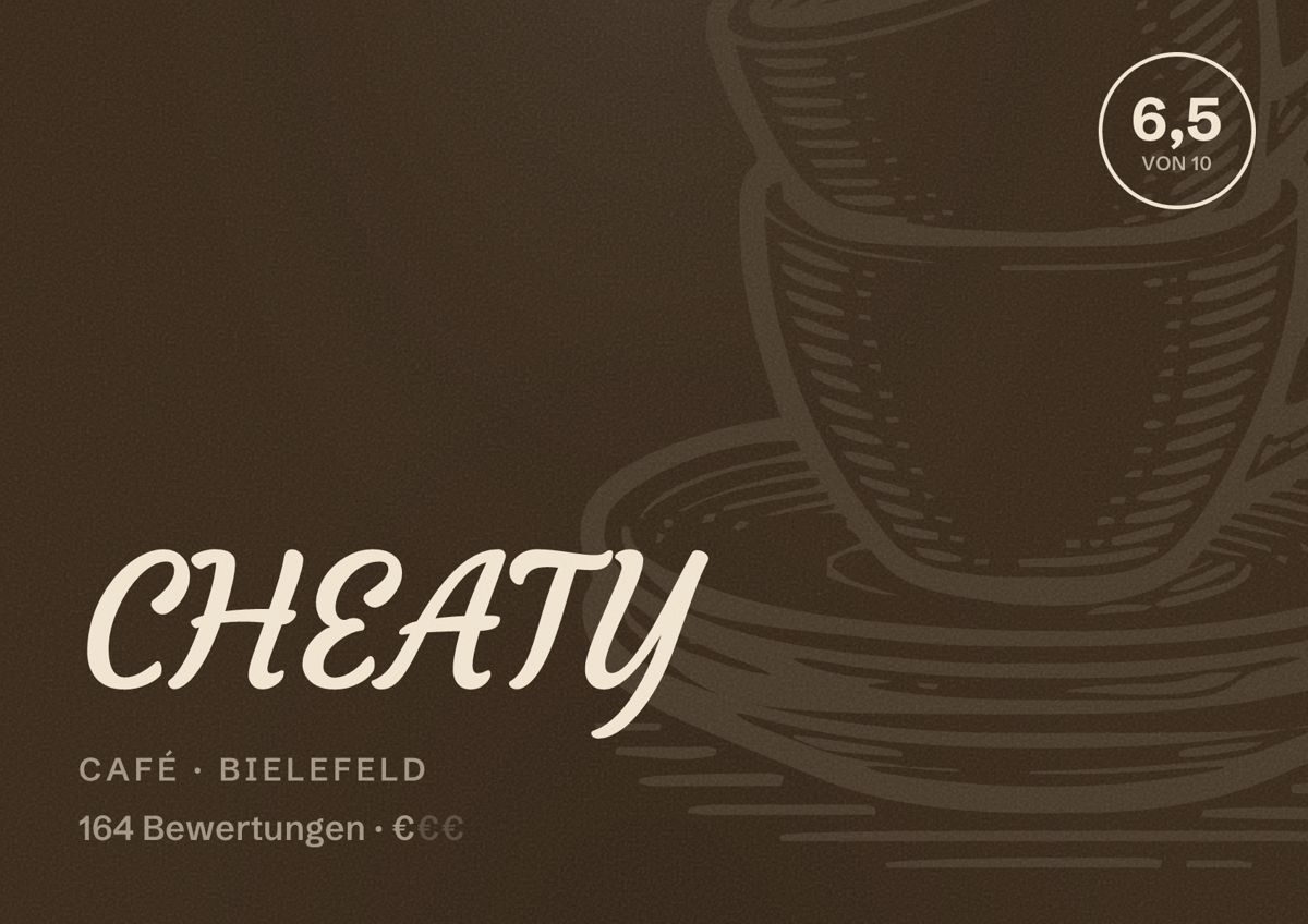 Illustriertes Poster von CHEATY, Café in Bielefeld: Bewertung 6,5 von 10 aus 164 Bewertungen, Preisniveau €