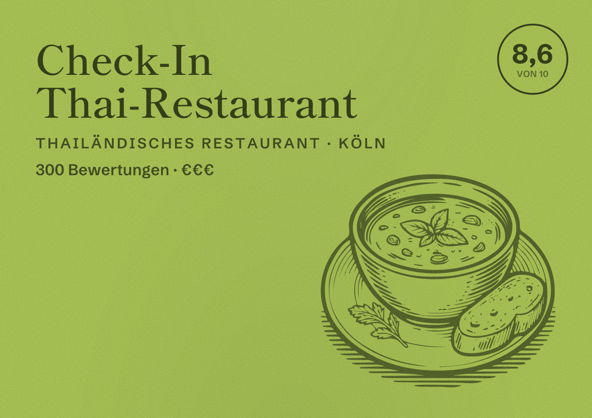 Illustriertes Poster von Check-In Thai-Restaurant, Thailändisches Restaurant in Köln: Bewertung 8,6 von 10 aus 300 Bewertungen, Preisniveau €€€