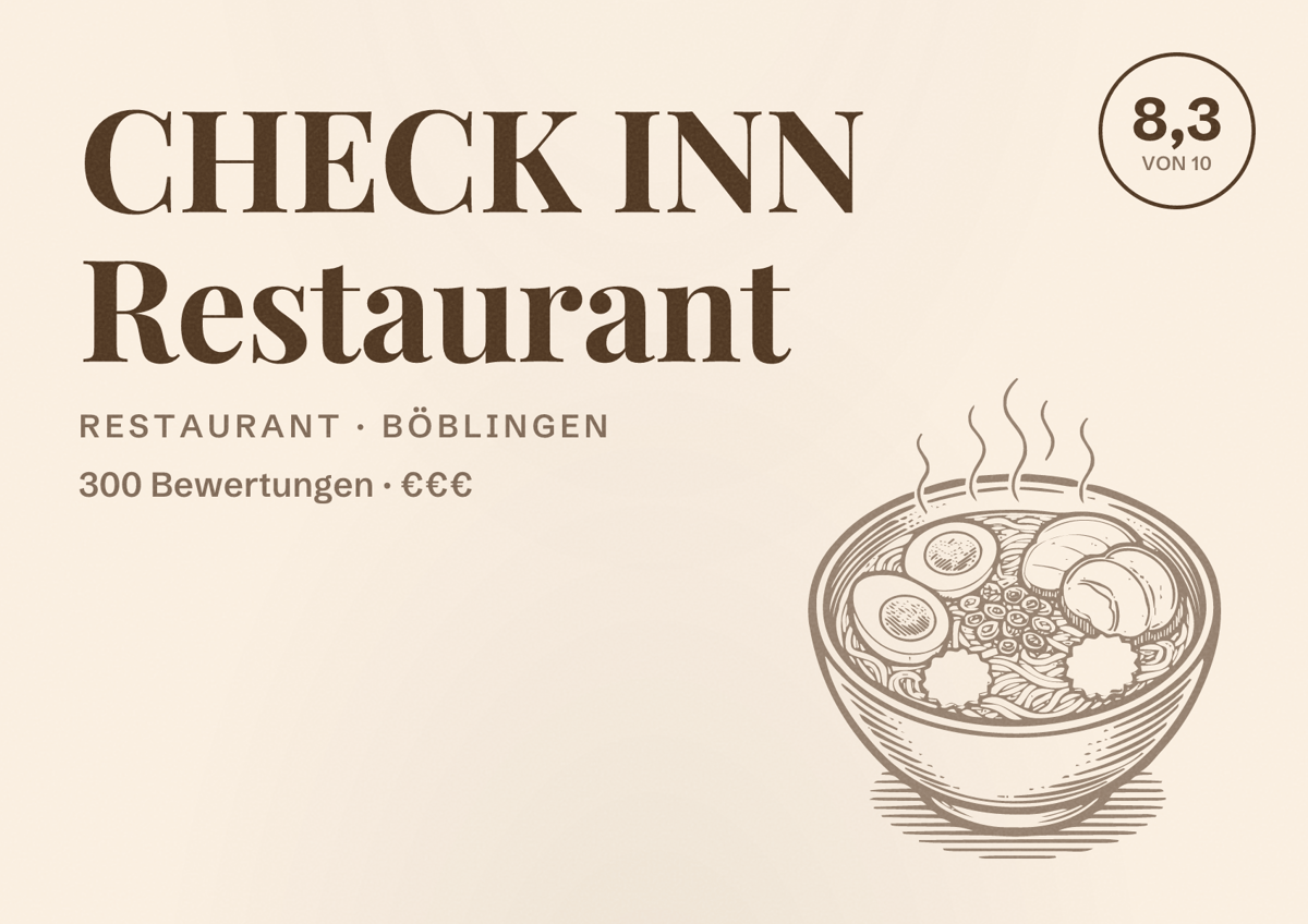 Illustriertes Poster von CHECK INN Restaurant, Restaurant in Böblingen: Bewertung 8,3 von 10 aus 300 Bewertungen, Preisniveau €€€