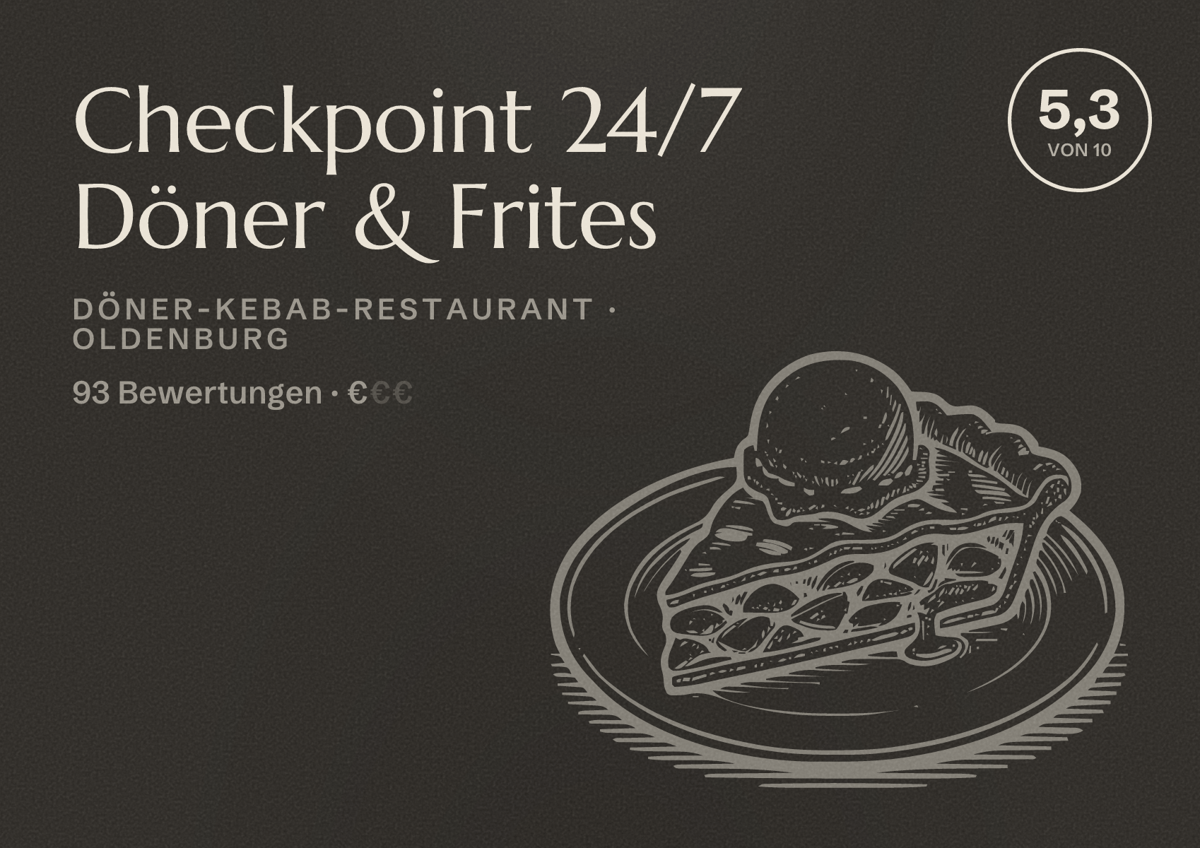 Illustriertes Poster von Checkpoint 24/7 Döner & Frites, Döner-Kebab-Restaurant in Oldenburg: Bewertung 5,3 von 10 aus 93 Bewertungen, Preisniveau €