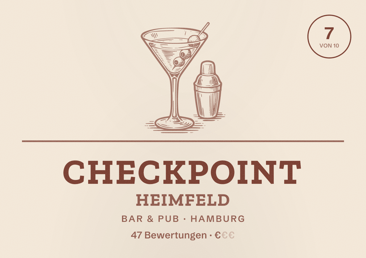 Illustriertes Poster von Checkpoint Heimfeld, Bar & Pub in Hamburg: Bewertung 7 von 10 aus 47 Bewertungen, Preisniveau €