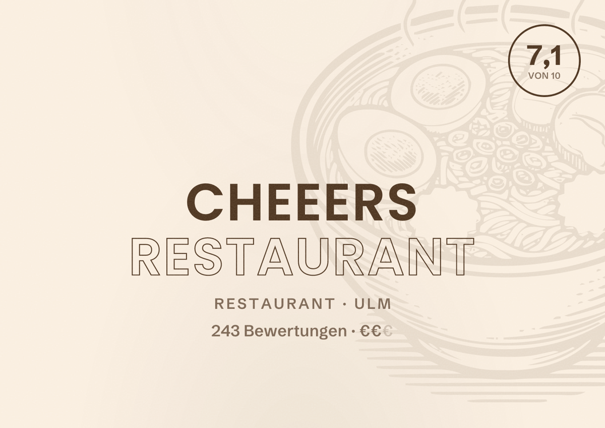 Illustriertes Poster von Cheeers Restaurant, Restaurant in Ulm: Bewertung 7,1 von 10 aus 243 Bewertungen, Preisniveau €€