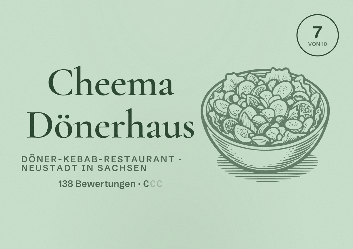 Illustriertes Poster von Cheema Dönerhaus, Döner-Kebab-Restaurant in Neustadt in Sachsen: Bewertung 7 von 10 aus 138 Bewertungen, Preisniveau €