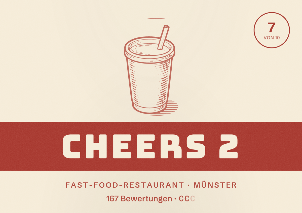Illustriertes Poster von Cheers 2, Fast-Food-Restaurant in Münster: Gästebewertung 7 von 10 aus 167 Bewertungen