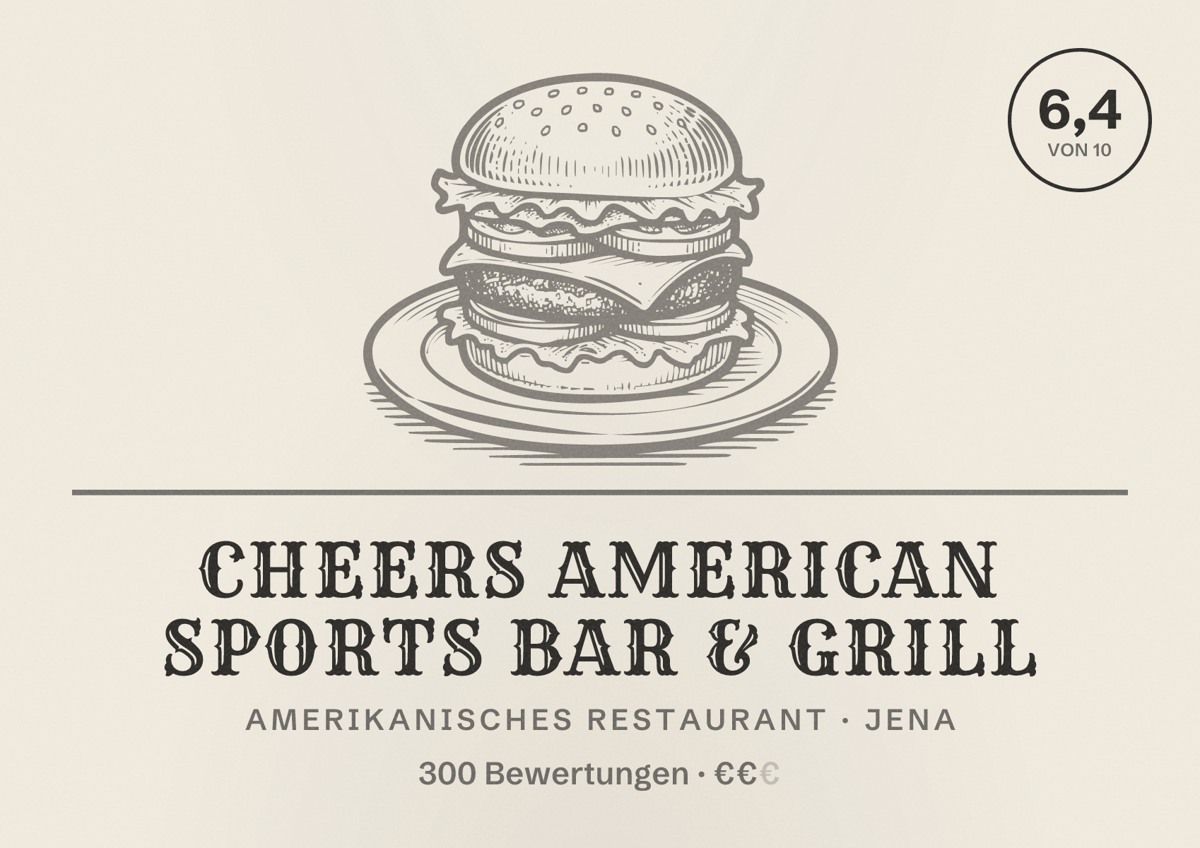 Illustriertes Poster von Cheers American Sports Bar & Grill, Amerikanisches Restaurant in Jena: Bewertung 6,4 von 10 aus 300 Bewertungen, Preisniveau €€