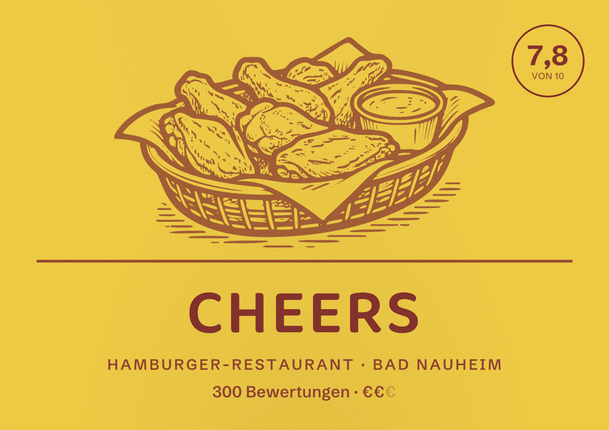 Illustriertes Poster von Cheers, Hamburger-Restaurant in Bad Nauheim: Bewertung 7,8 von 10 aus 300 Bewertungen, Preisniveau €€