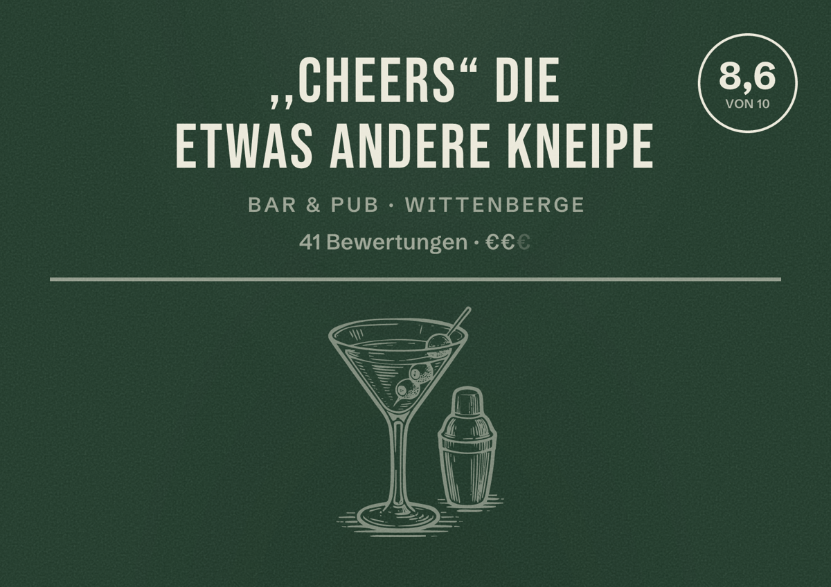 Illustriertes Poster von ,,Cheers“ die etwas andere Kneipe, Bar & Pub in Wittenberge: Bewertung 8,6 von 10 aus 41 Bewertungen, Preisniveau €€