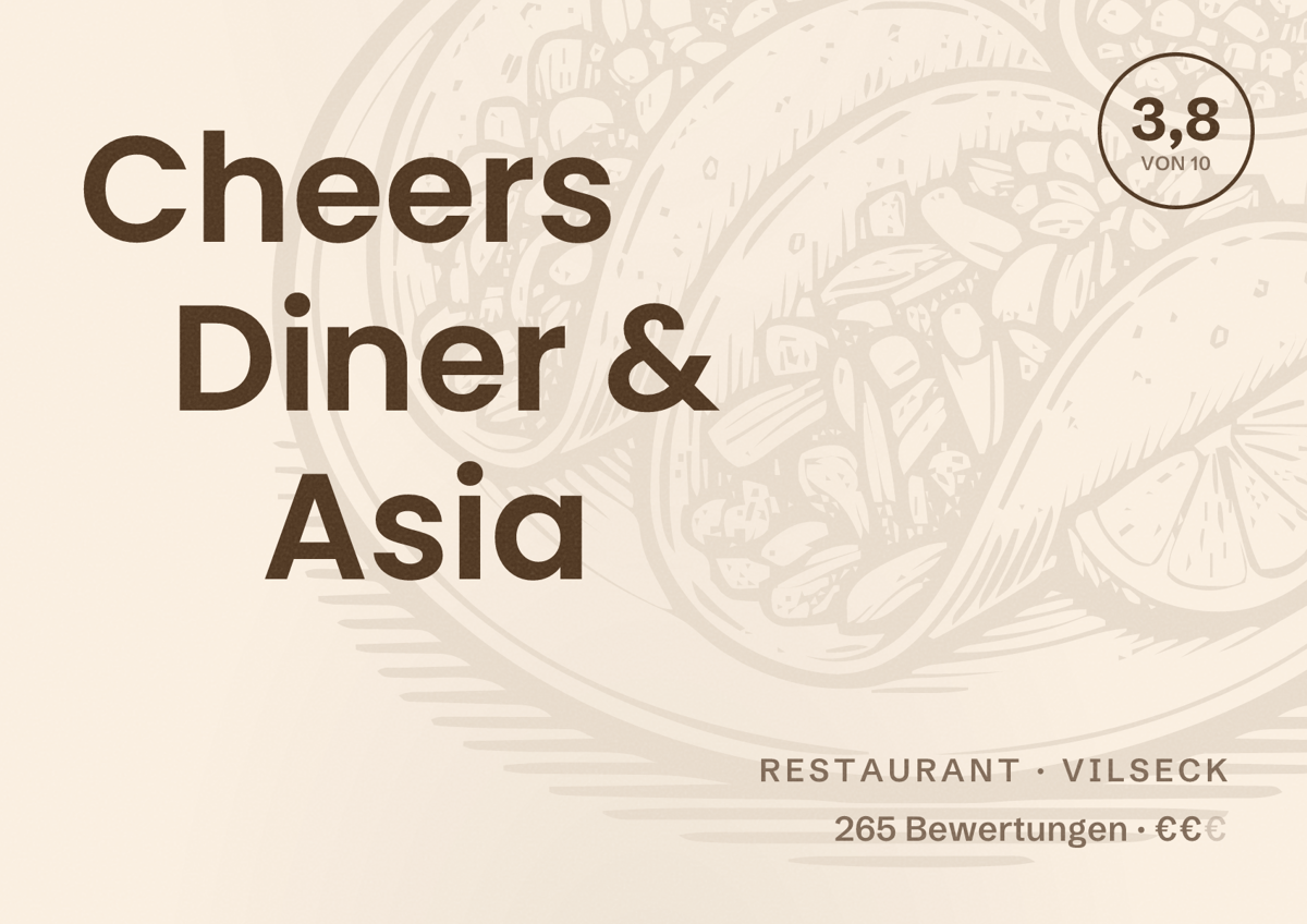 Illustriertes Poster von Cheers Diner & Asia, Restaurant in Vilseck: Bewertung 3,8 von 10 aus 265 Bewertungen, Preisniveau €€