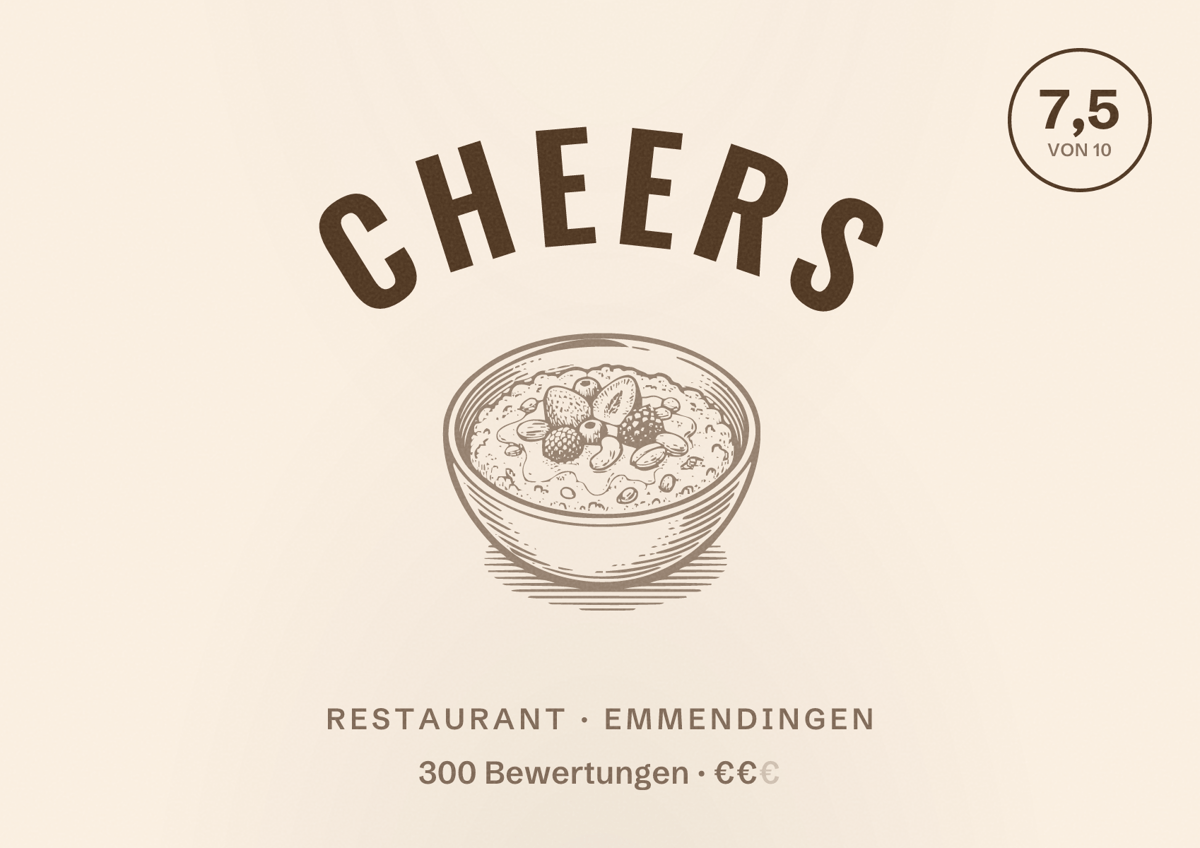 Illustriertes Poster von Cheers, Restaurant in Emmendingen: Bewertung 7,5 von 10 aus 300 Bewertungen, Preisniveau €€