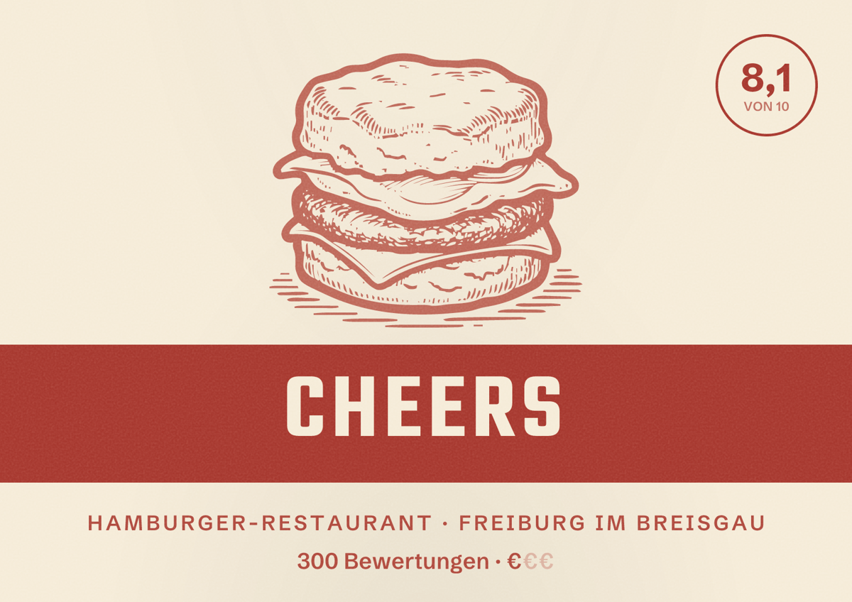 Illustriertes Poster von Cheers, Hamburger-Restaurant in Freiburg im Breisgau: Bewertung 8,1 von 10 aus 300 Bewertungen, Preisniveau €