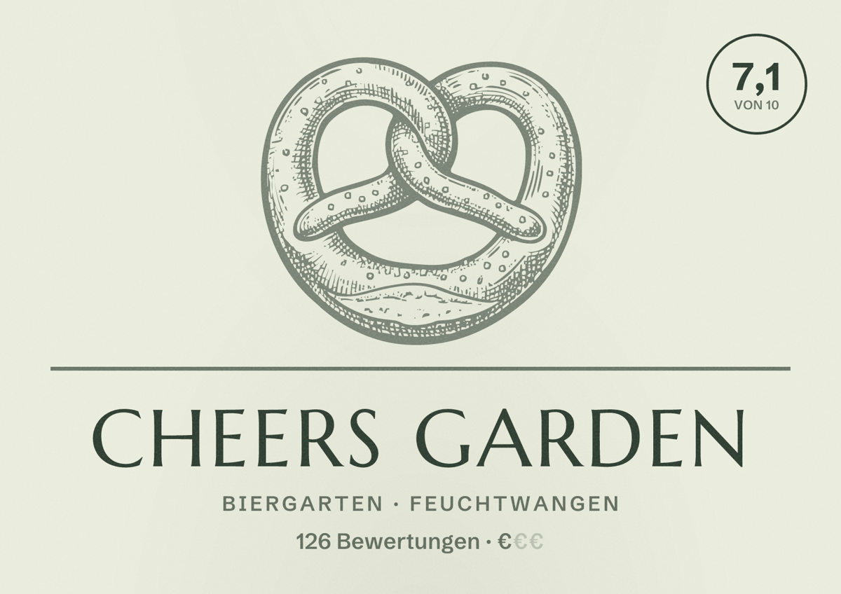Illustriertes Poster von Cheers Garden, Biergarten in Feuchtwangen: Bewertung 7,1 von 10 aus 126 Bewertungen, Preisniveau €