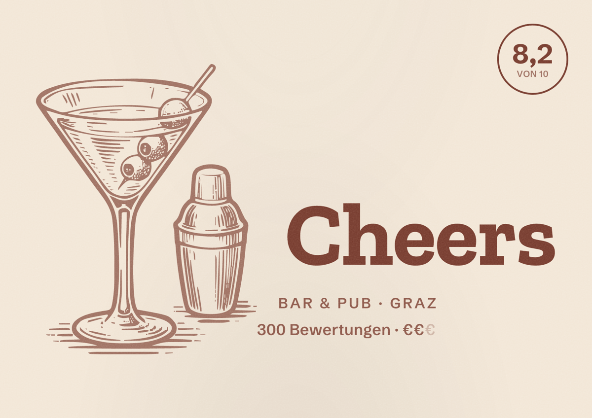 Illustriertes Poster von Cheers, Bar & Pub in Graz: Bewertung 8,2 von 10 aus 300 Bewertungen, Preisniveau €€