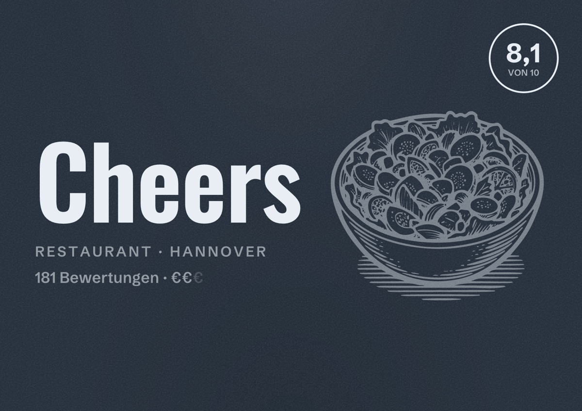 Illustriertes Poster von Cheers, Restaurant in Hannover: Bewertung 8,1 von 10 aus 181 Bewertungen, Preisniveau €€