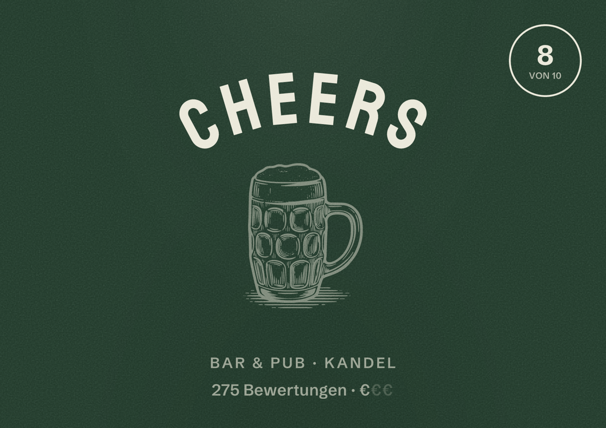 Illustriertes Poster von Cheers, Bar & Pub in Kandel: Bewertung 8 von 10 aus 275 Bewertungen, Preisniveau €