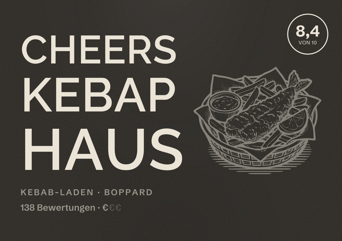 Illustriertes Poster von Cheers Kebap Haus, Kebab-Laden in Boppard: Bewertung 8,4 von 10 aus 138 Bewertungen, Preisniveau €