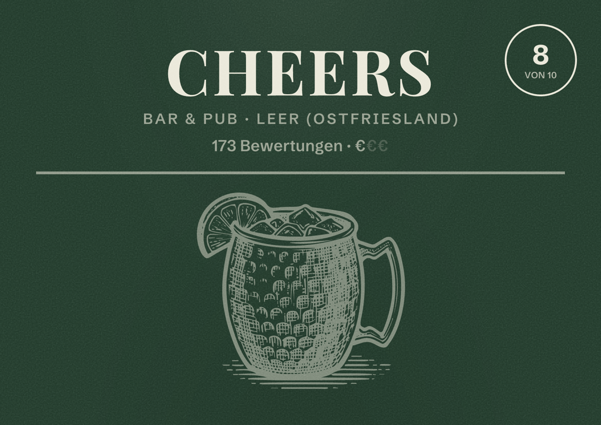 Illustriertes Poster von Cheers, Bar & Pub in Leer (Ostfriesland): Bewertung 8 von 10 aus 173 Bewertungen, Preisniveau €