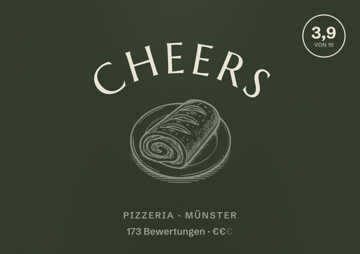 Illustriertes Poster von Cheers, Pizzeria in Münster: Bewertung 3,9 von 10 aus 173 Bewertungen, Preisniveau €€
