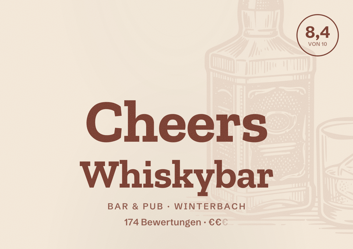 Illustriertes Poster von Cheers Whiskybar, Bar & Pub in Winterbach: Bewertung 8,4 von 10 aus 174 Bewertungen, Preisniveau €€