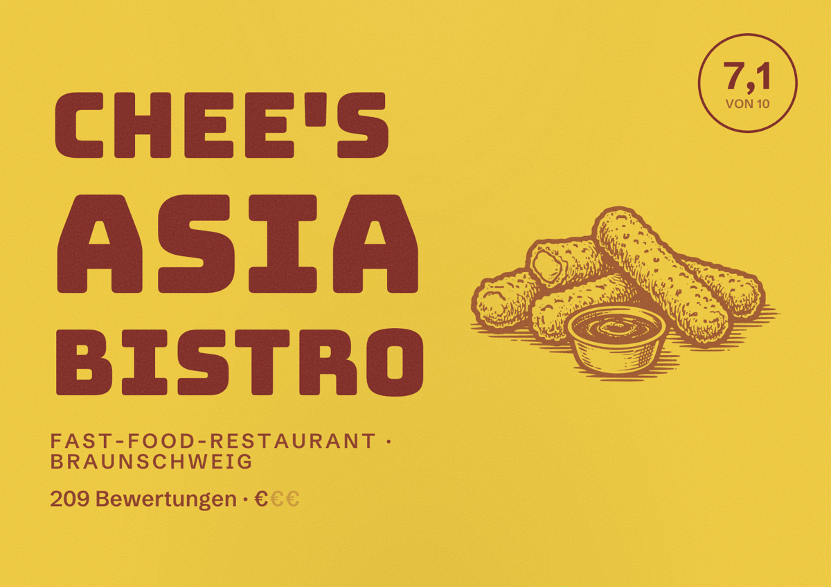 Illustriertes Poster von Chee's Asia Bistro, Fast-Food-Restaurant in Braunschweig: Bewertung 7,1 von 10 aus 209 Bewertungen, Preisniveau €