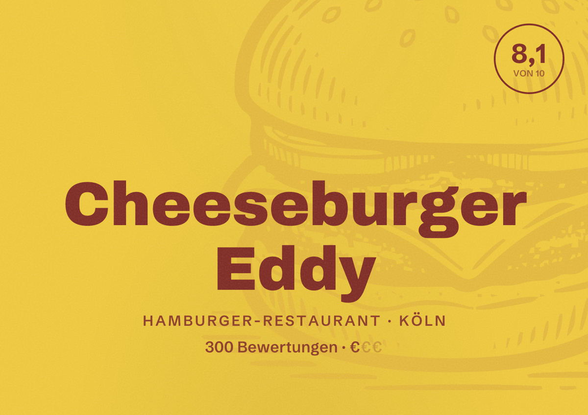 Illustriertes Poster von Cheeseburger Eddy, Hamburger-Restaurant in Köln: Bewertung 8,1 von 10 aus 300 Bewertungen, Preisniveau €