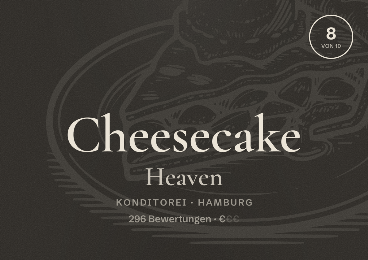Illustriertes Poster von Cheesecake Heaven, Konditorei in Hamburg: Bewertung 8,0 von 10 aus 296 Bewertungen, Preisniveau €