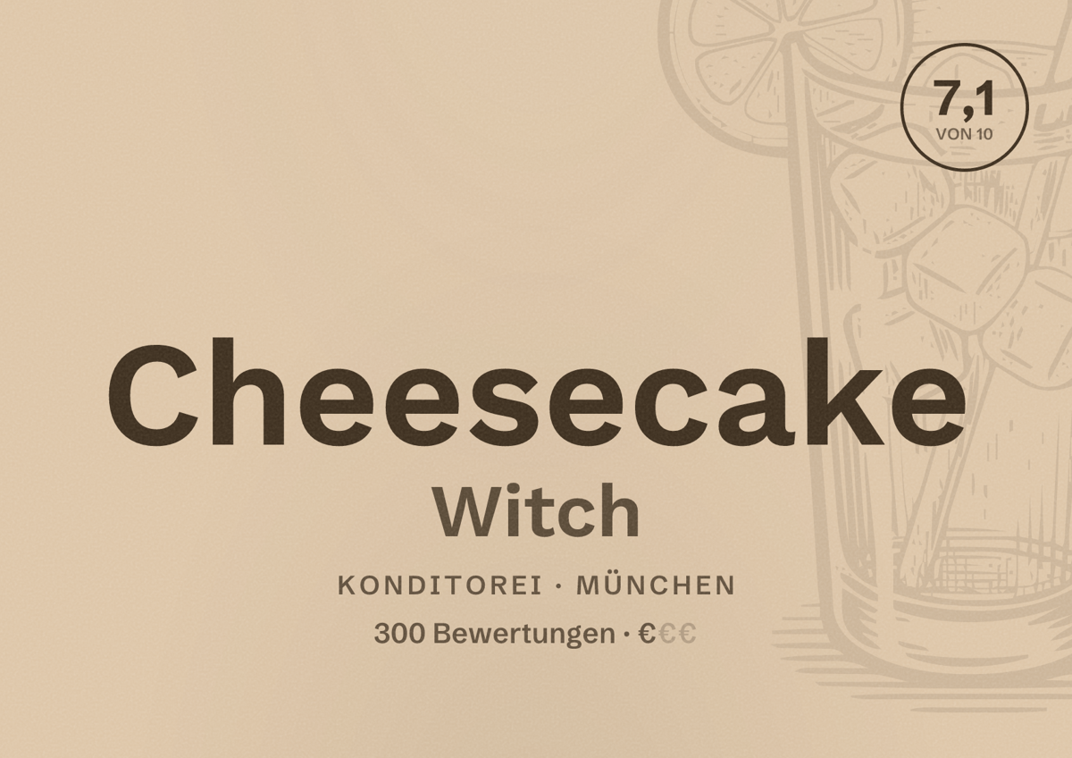 Illustriertes Poster von Cheesecake Witch, Konditorei in München: Bewertung 7,1 von 10 aus 300 Bewertungen, Preisniveau €