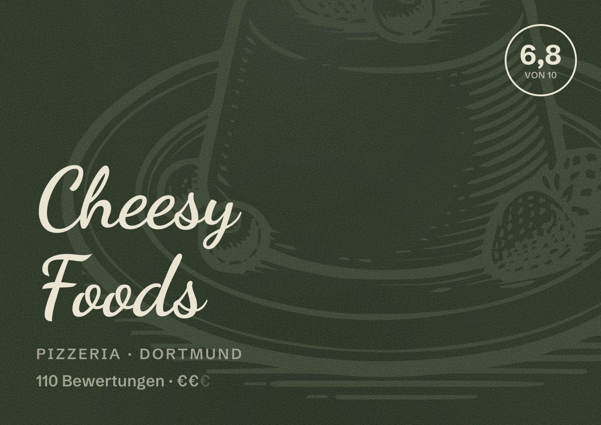 Illustriertes Poster von Cheesy Foods, Pizzeria in Dortmund: Gästebewertung 6,8 von 10 aus 110 Bewertungen