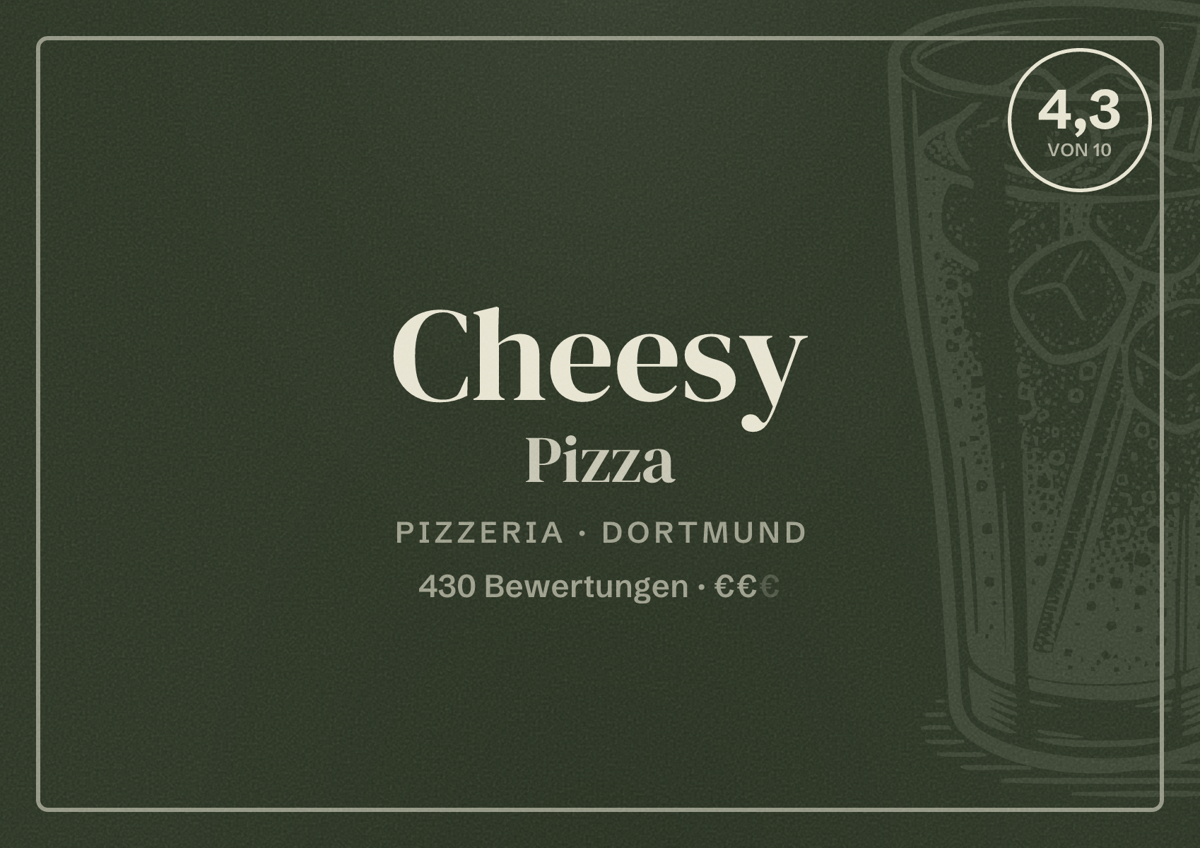 Illustriertes Poster von Cheesy Pizza, Pizzeria in Dortmund: Bewertung 4,3 von 10 aus 430 Bewertungen, Preisniveau €€