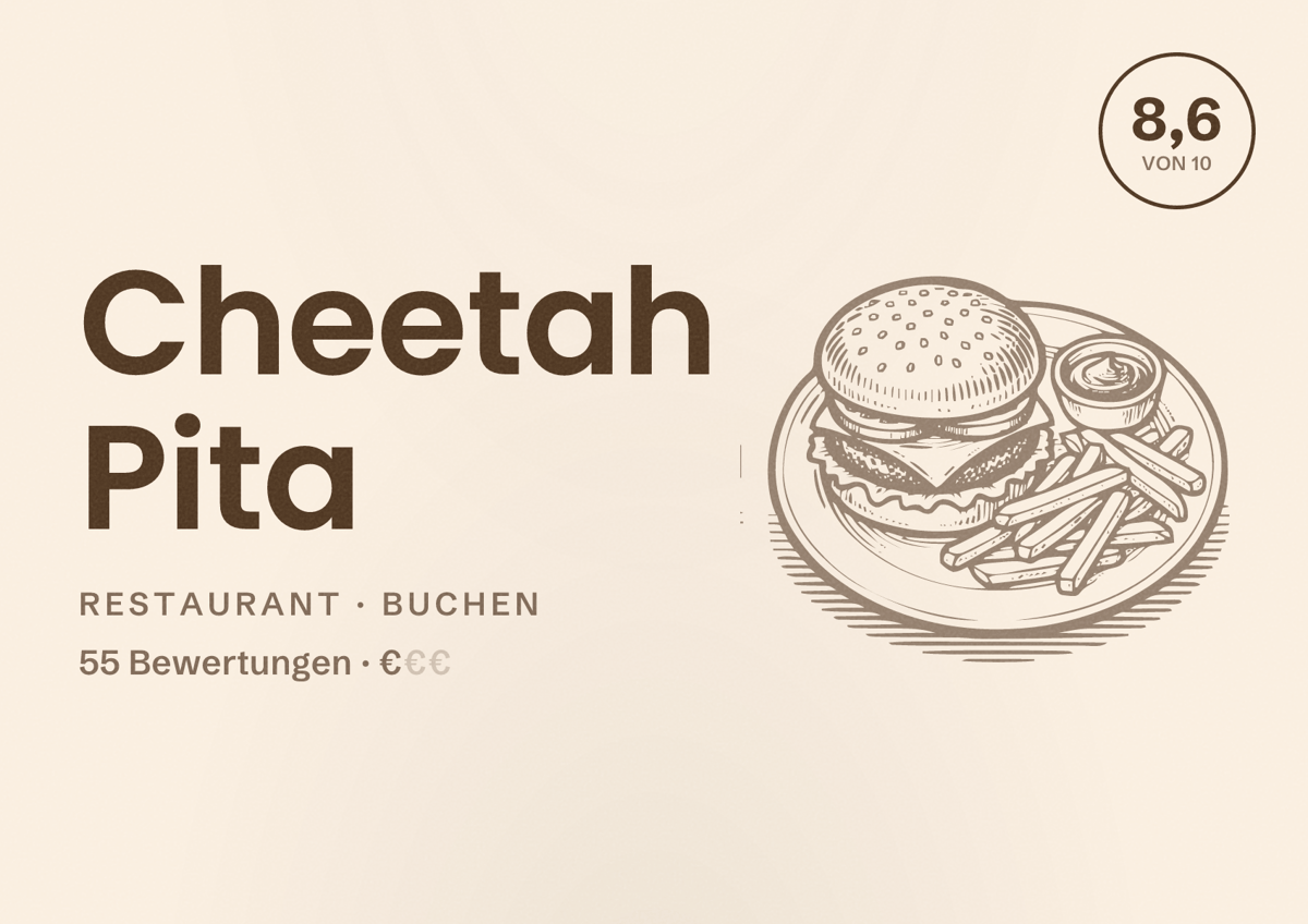 Illustriertes Poster von Cheetah Pita, Restaurant in Buchen: Bewertung 8,6 von 10 aus 55 Bewertungen, Preisniveau €