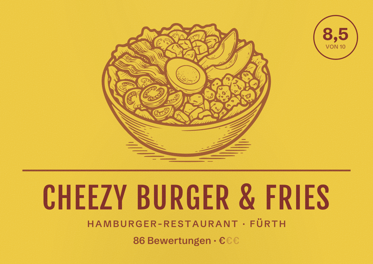 Illustriertes Poster von CHeeZY Burger & Fries, Hamburger-Restaurant in Fürth: Bewertung 8,5 von 10 aus 86 Bewertungen, Preisniveau €