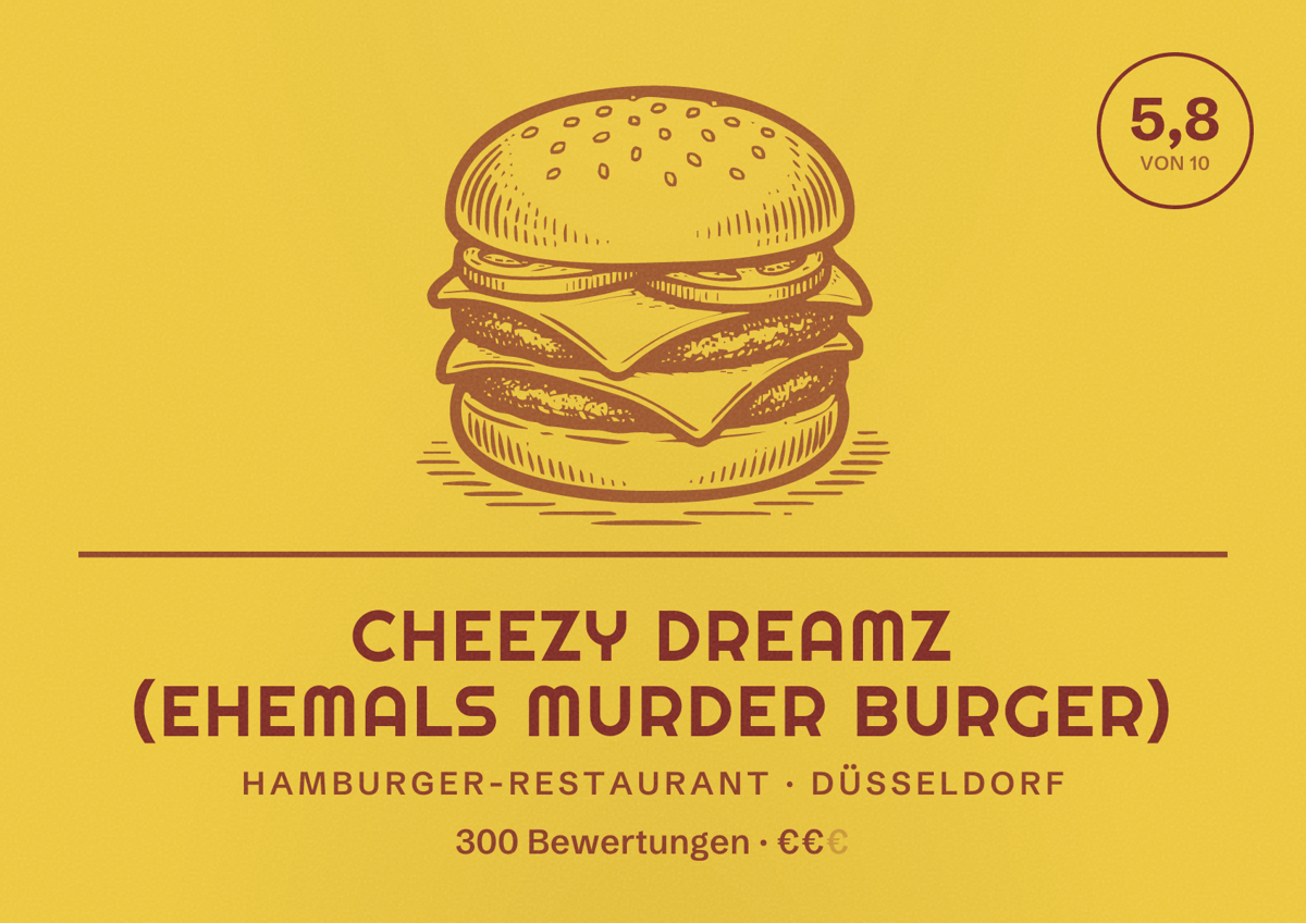 Illustriertes Poster von Cheezy Dreamz (ehemals Murder Burger), Hamburger-Restaurant in Düsseldorf: Bewertung 5,8 von 10 aus 300 Bewertungen, Preisniveau €€