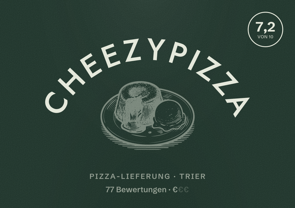 Illustriertes Poster von Cheezypizza, Pizza-Lieferung in Trier: Bewertung 7,2 von 10 aus 77 Bewertungen, Preisniveau €