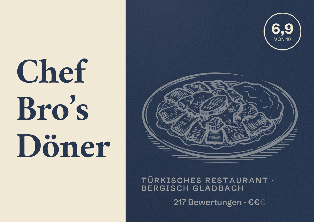Illustriertes Poster von Chef Bro’s Döner, Türkisches Restaurant in Bergisch Gladbach: Bewertung 6,9 von 10 aus 217 Bewertungen, Preisniveau €€
