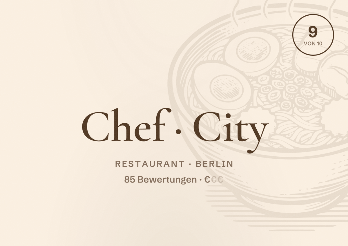 Illustriertes Poster von Chef City, Restaurant in Berlin: Bewertung 9,0 von 10 aus 85 Bewertungen, Preisniveau €