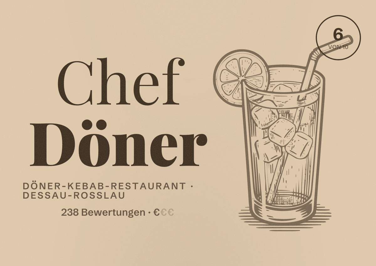Illustriertes Poster von Chef Döner, Döner-Kebab-Restaurant in Dessau-Roßlau: Bewertung 6 von 10 aus 238 Bewertungen, Preisniveau €