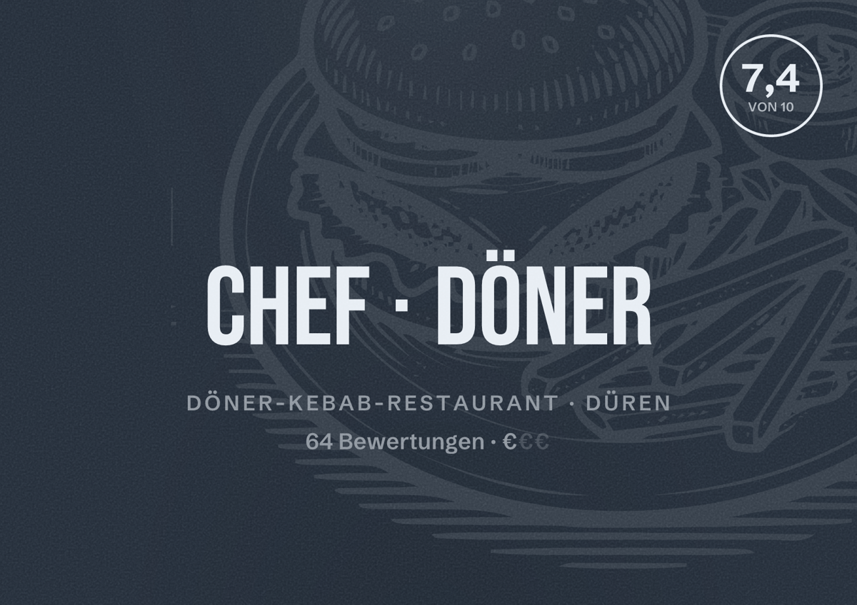 Illustriertes Poster von Chef Döner, Döner-Kebab-Restaurant in Düren: Bewertung 7,4 von 10 aus 64 Bewertungen, Preisniveau €