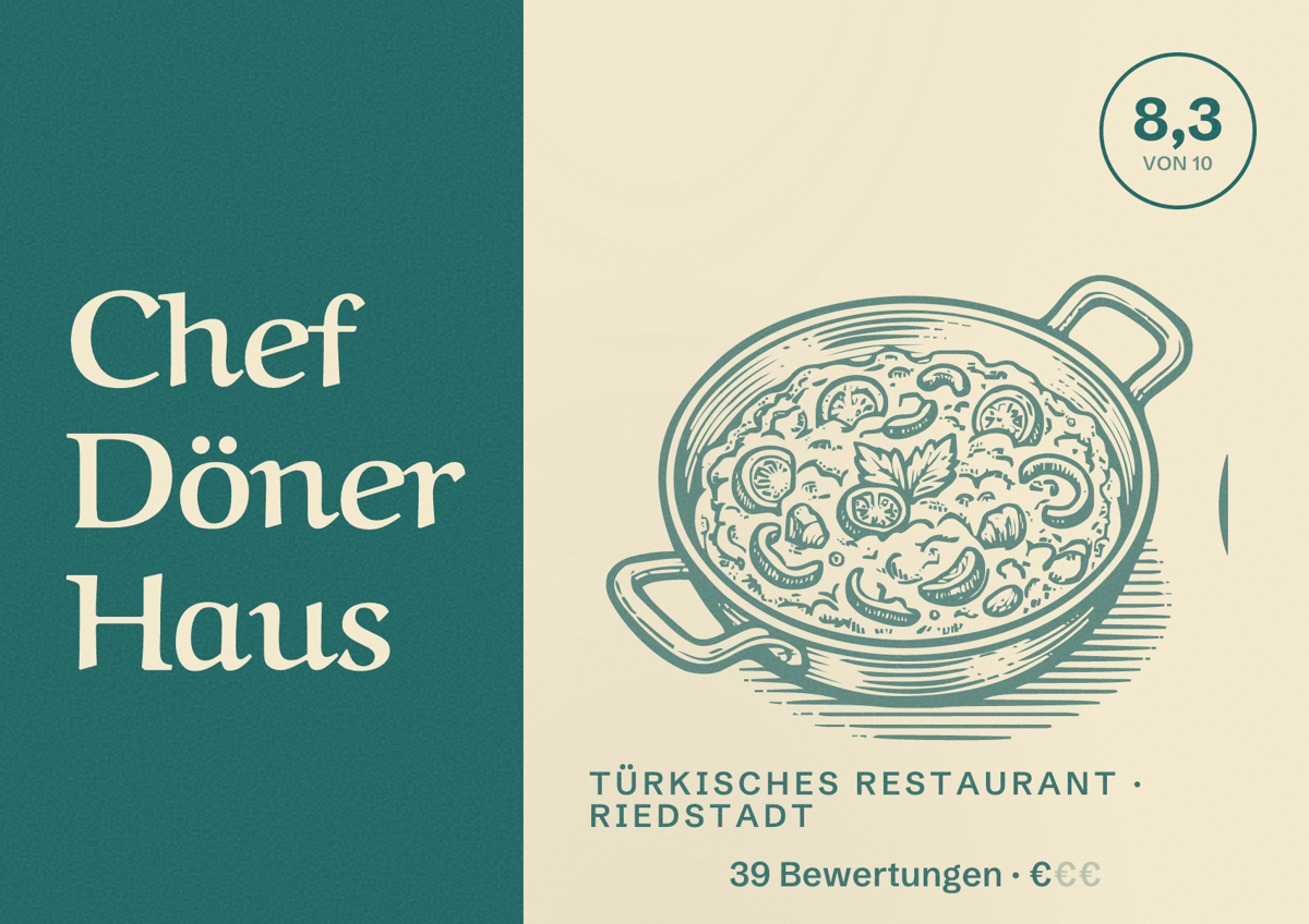 Illustriertes Poster von Chef Döner Haus, Türkisches Restaurant in Riedstadt: Bewertung 8,3 von 10 aus 39 Bewertungen, Preisniveau €