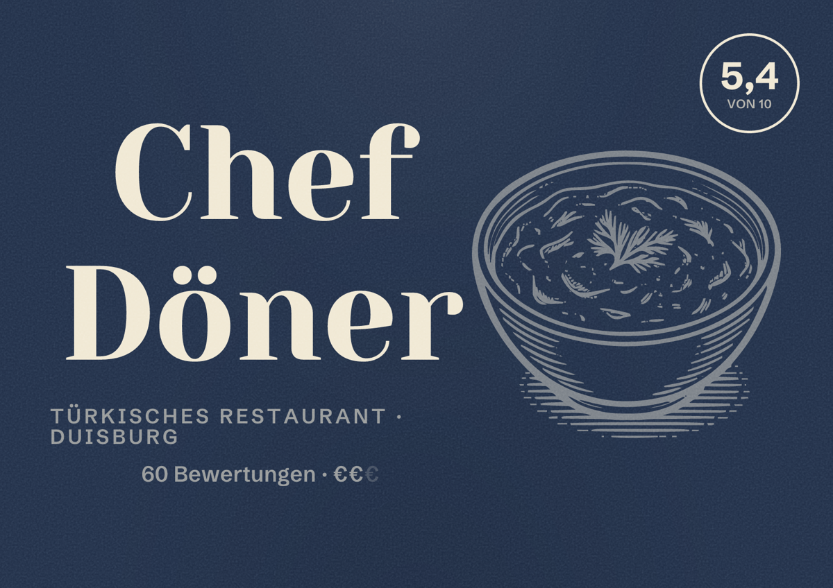 Illustriertes Poster von Chef Döner, Türkisches Restaurant in Duisburg: Bewertung 5,4 von 10 aus 60 Bewertungen, Preisniveau €€
