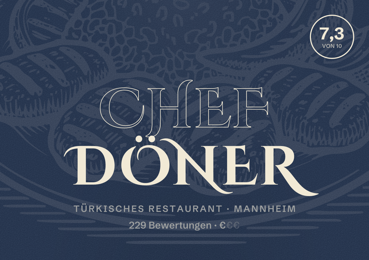 Illustriertes Poster von Chef Döner, Türkisches Restaurant in Mannheim: Bewertung 7,3 von 10 aus 229 Bewertungen, Preisniveau €