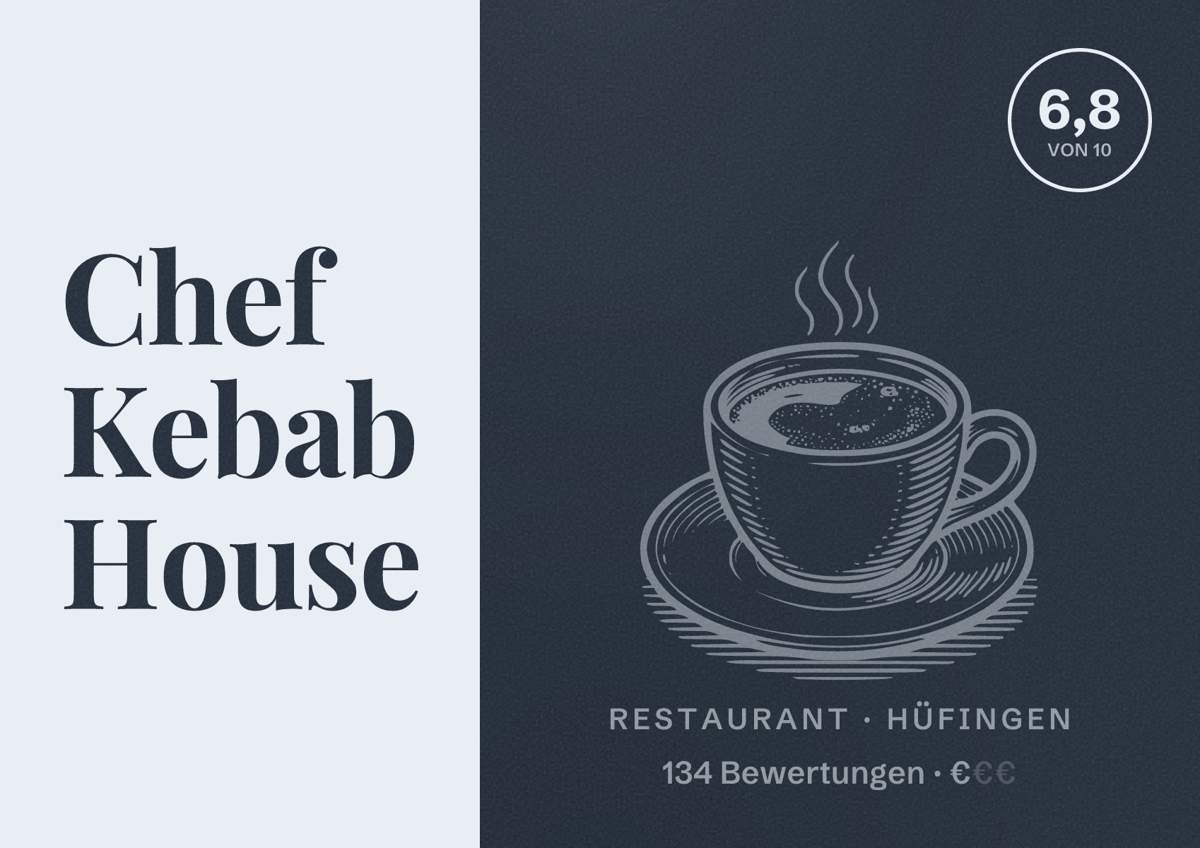 Illustriertes Poster von Chef Kebab House, Restaurant in Hüfingen: Bewertung 6,8 von 10 aus 134 Bewertungen, Preisniveau €
