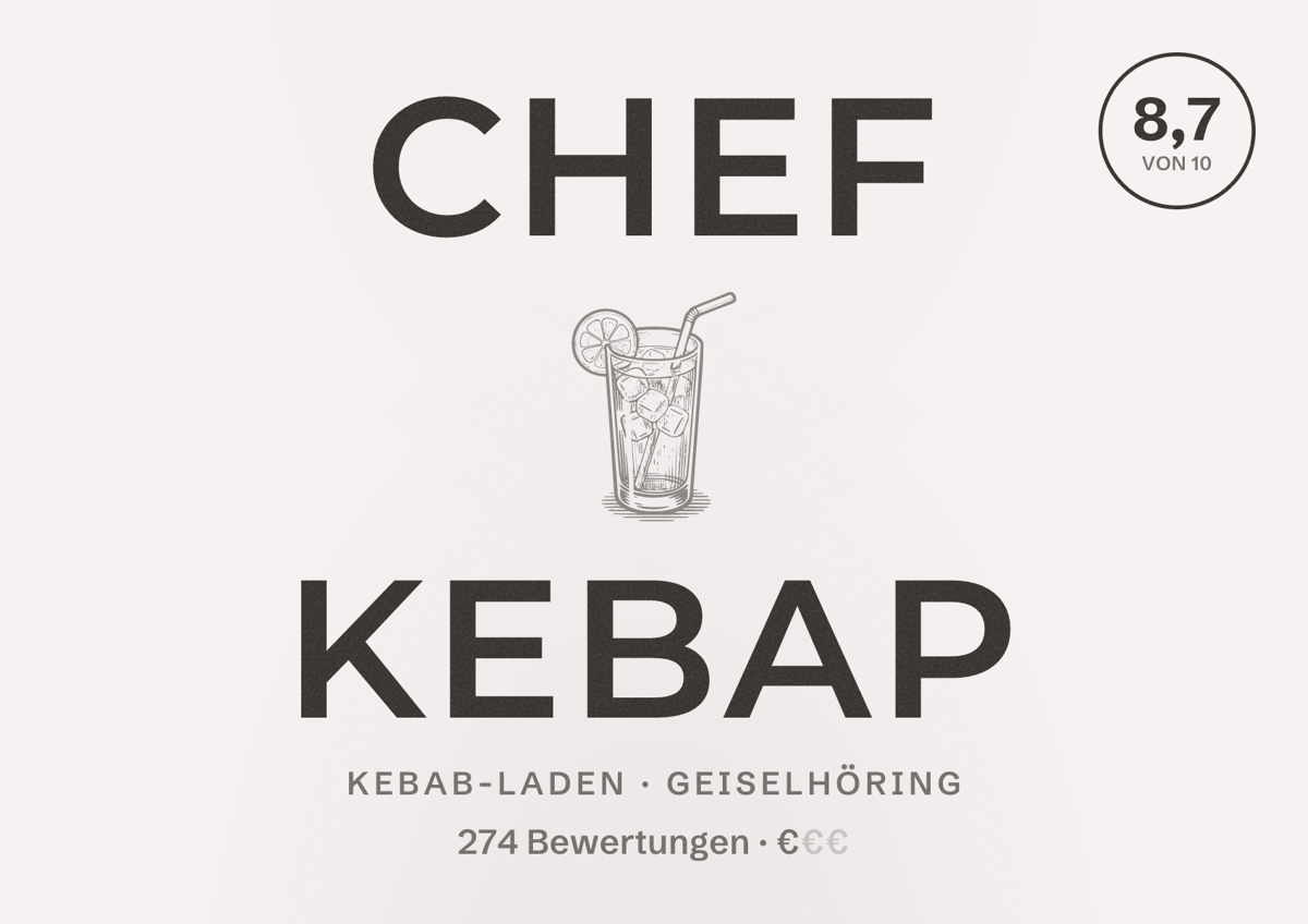 Illustriertes Poster von Chef Kebap, Kebab-Laden in Geiselhöring: Bewertung 8,7 von 10 aus 274 Bewertungen, Preisniveau €