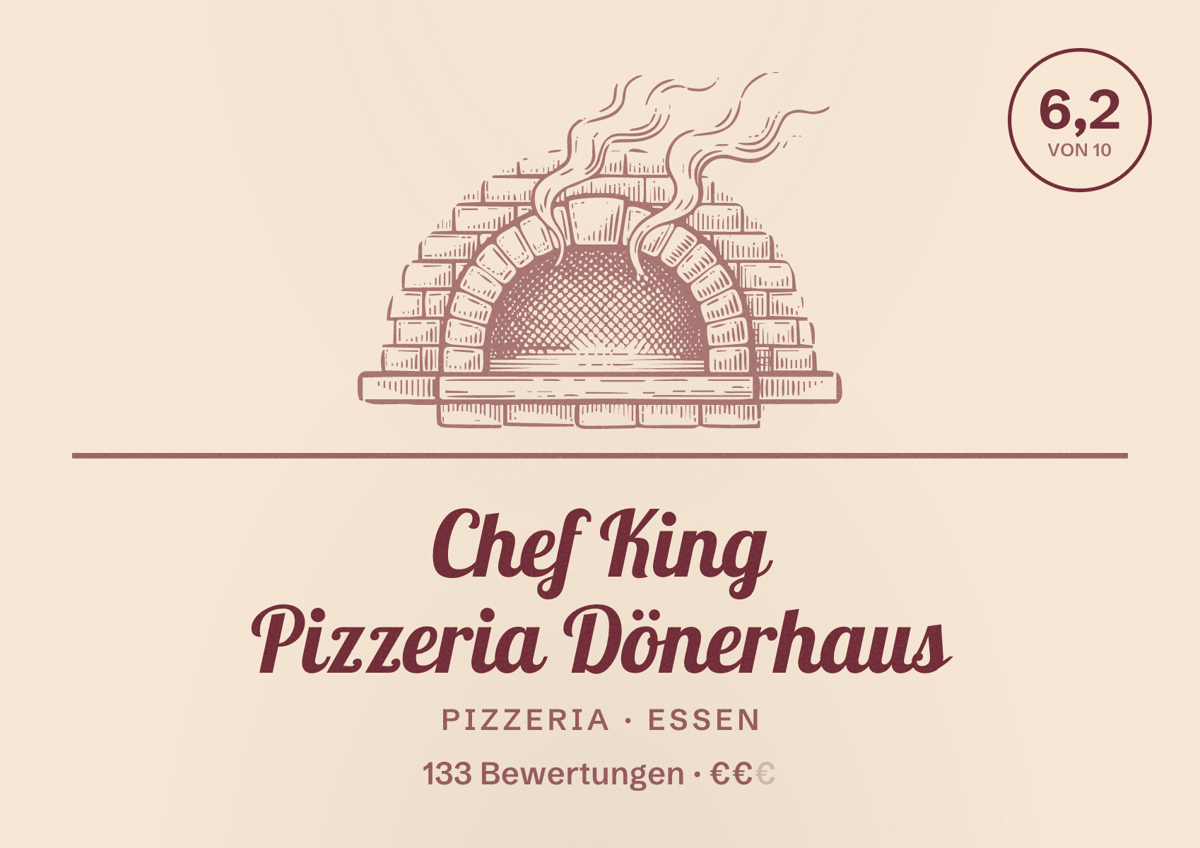 Illustriertes Poster von Chef King Pizzeria Dönerhaus, Pizzeria in Essen: Bewertung 6,2 von 10 aus 133 Bewertungen, Preisniveau €€