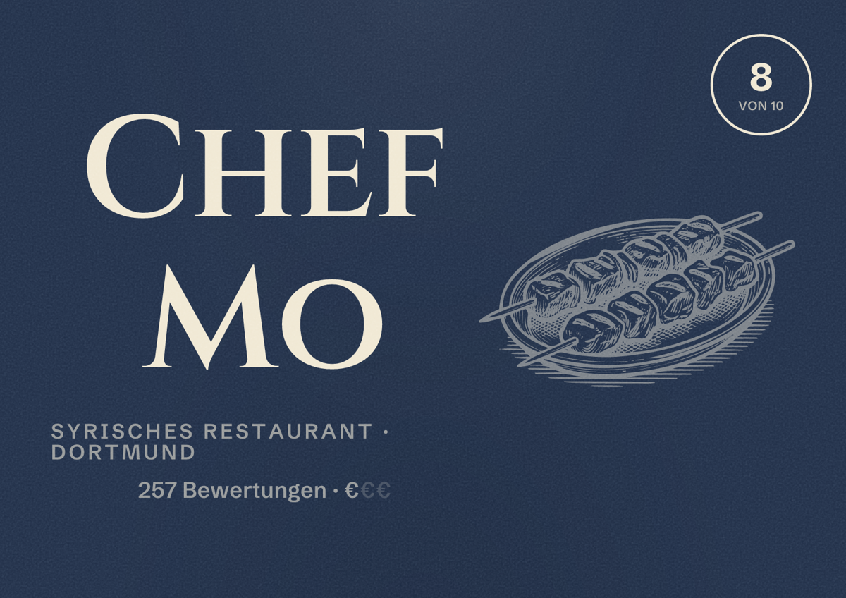 Illustriertes Poster von Chef Mo, Syrisches Restaurant in Dortmund: Bewertung 8 von 10 aus 257 Bewertungen, Preisniveau €