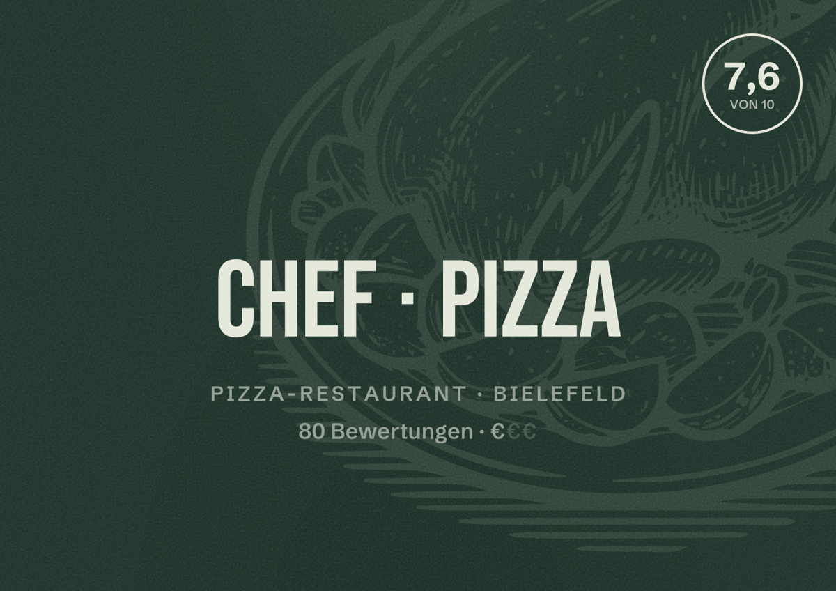 Illustriertes Poster von Chef Pizza, Pizza-Restaurant in Bielefeld: Bewertung 7,6 von 10 aus 80 Bewertungen, Preisniveau €
