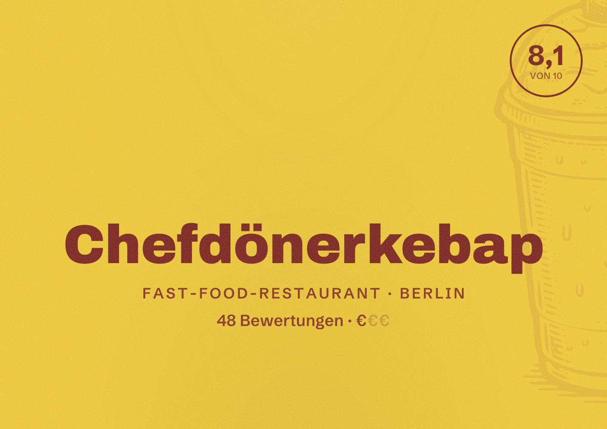 Illustriertes Poster von Chefdönerkebap, Fast-Food-Restaurant in Berlin: Bewertung 8,1 von 10 aus 48 Bewertungen, Preisniveau €