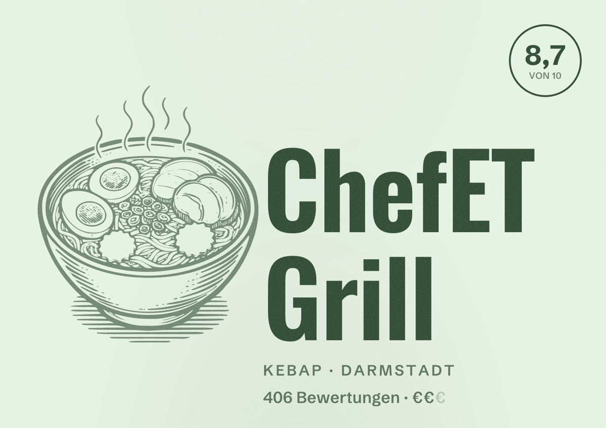 Illustriertes Poster von ChefET Grill, Kebap in Darmstadt: Bewertung 8,7 von 10 aus 406 Bewertungen, Preisniveau €€